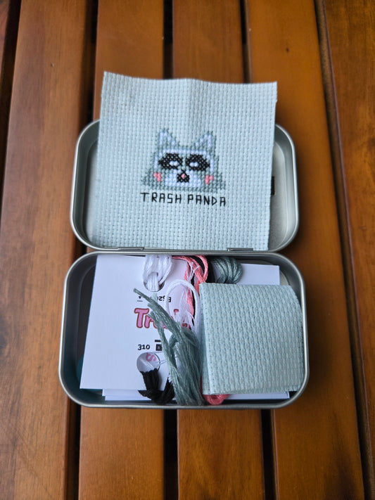 Trash Panda Cross Stitch in a Tin