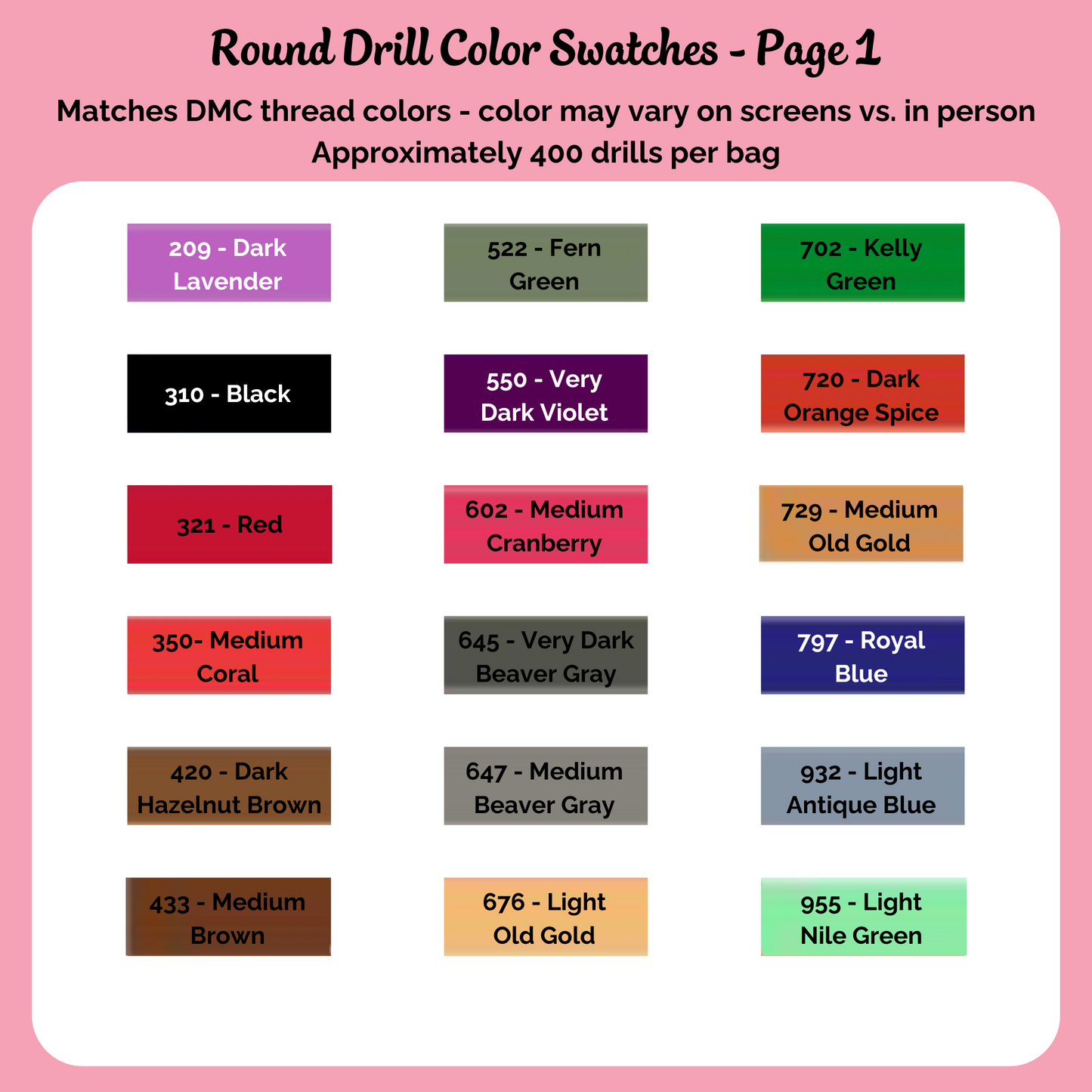 Page 1 of the round drill color swatches