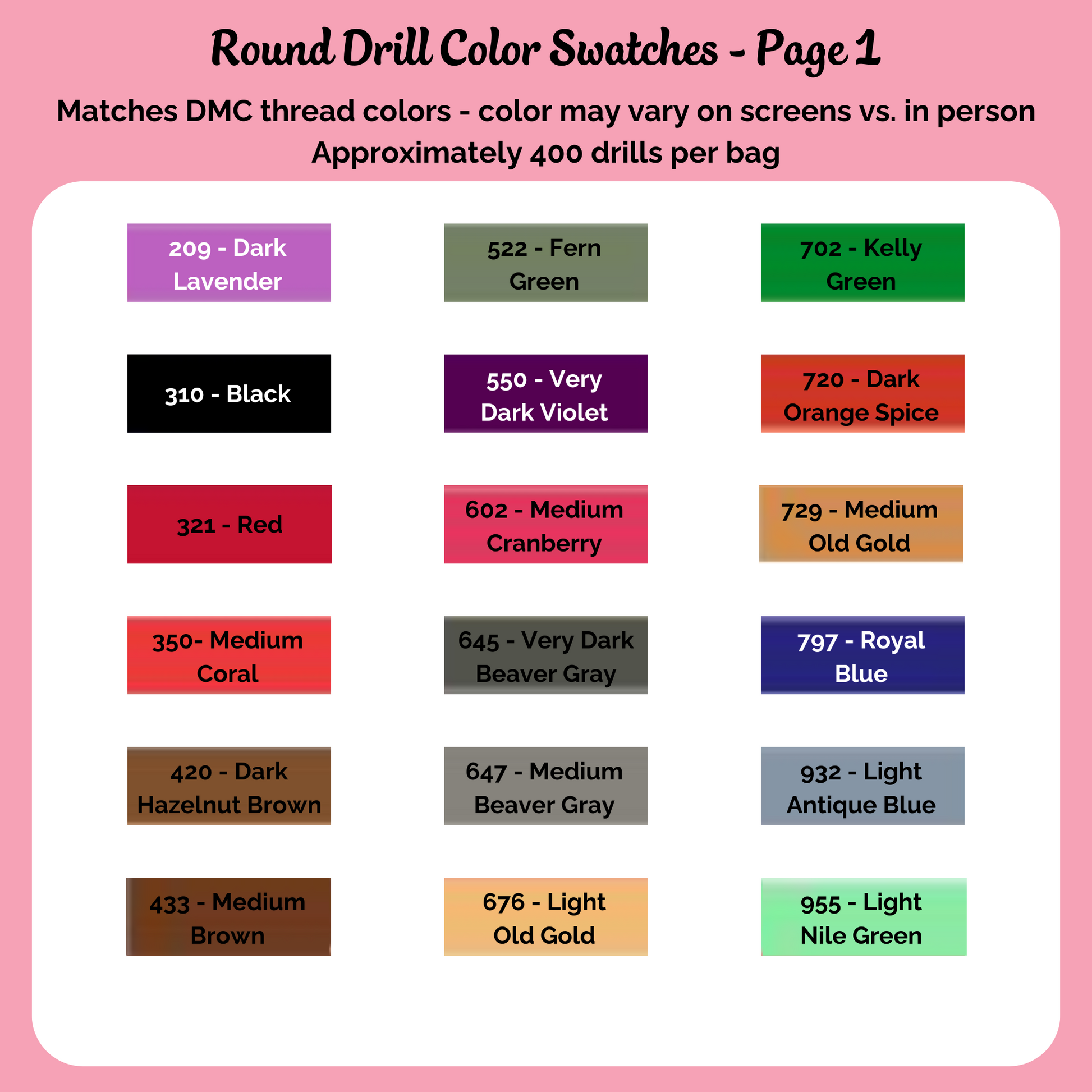 Page 1 of the round drill color swatches