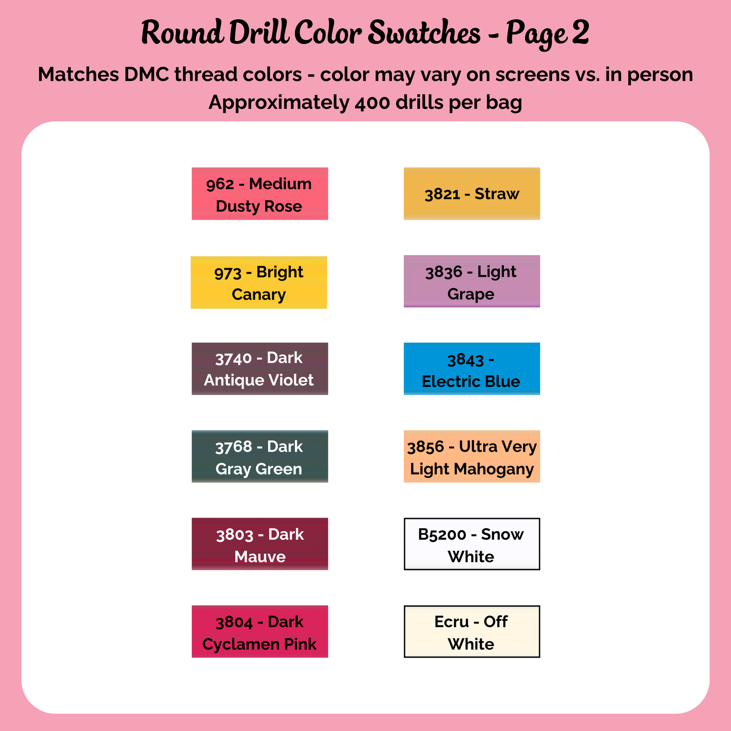 Page 2 of the round drill color swatches