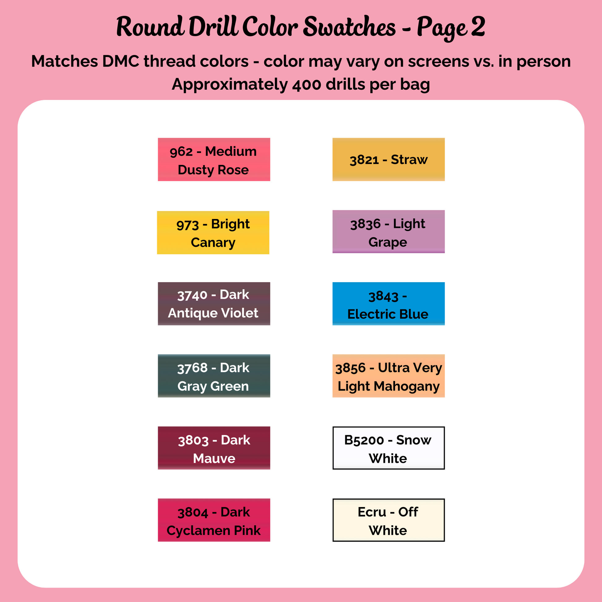 Page 2 of the round drill color swatches